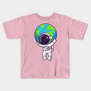 Cute Astronaut Bring Earth In Space Cartoon Kids T-Shirt